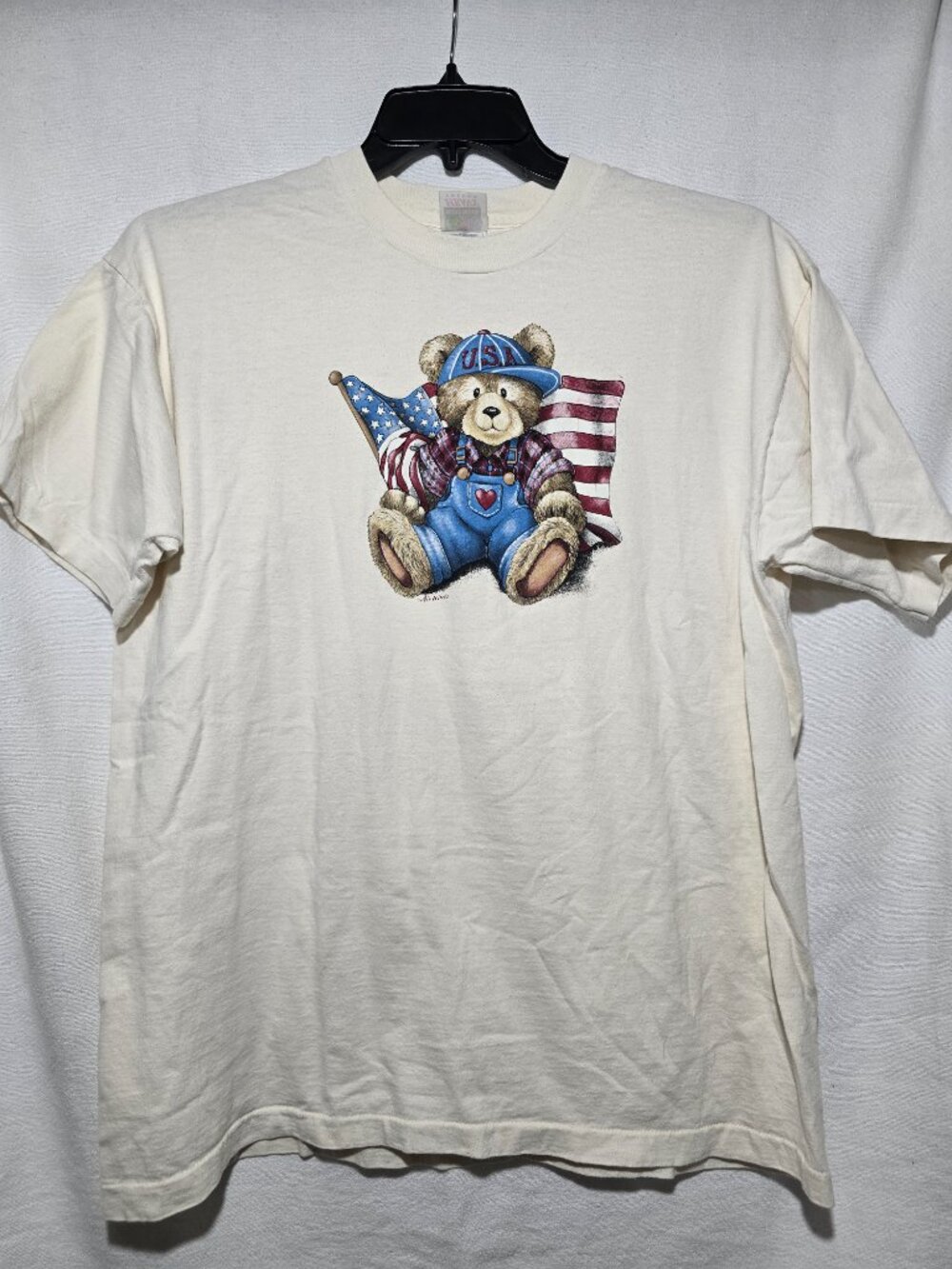 Vintage Air Waves USA Patriotic Teddy Bear Flag Graphic T-Shirt XL Fruit of Loom